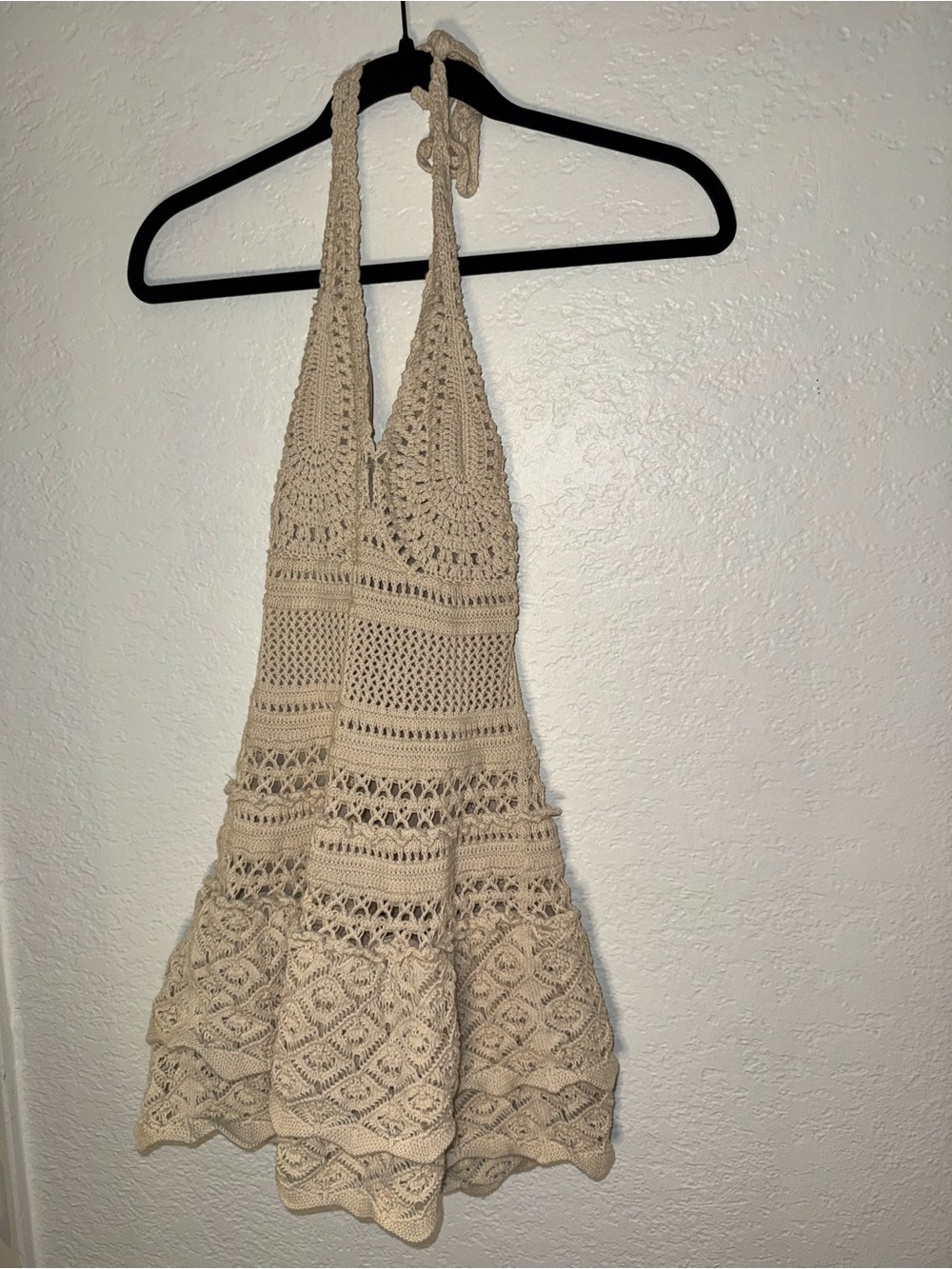 Moda International Crochet Halter Mini Dress in Beige